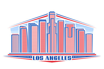 Vector illustration of Los Angeles, horizontal poster with american city scape on day time background, line art urban concept with unique lettering for words los angeles and decorative stars in a row.