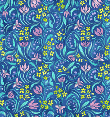Small flowers. Seamless pattern in blue tones
