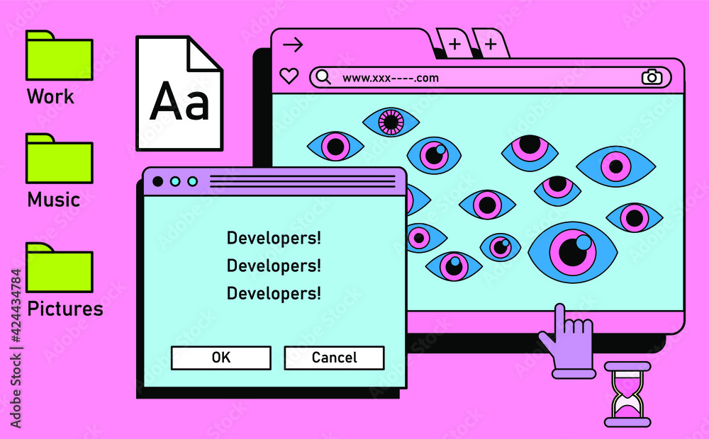 Poster Retro vaporwave desktop with message boxes and user interface elements. A conceptual illustration of website and application programming.