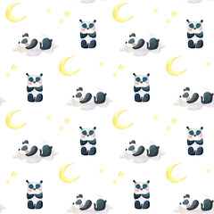 Cute pattern with pandas on the moon among the stars in the night
