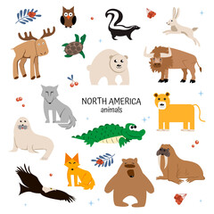 set of Animals of North America. Educational poster for children. fox, wolf, bison, grizzly, skunk, owl, walrus, eagle, seal, elk, hare, crocodile
