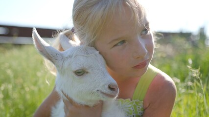 A six-year-old girl in a meadow gently hugs a small white goat.