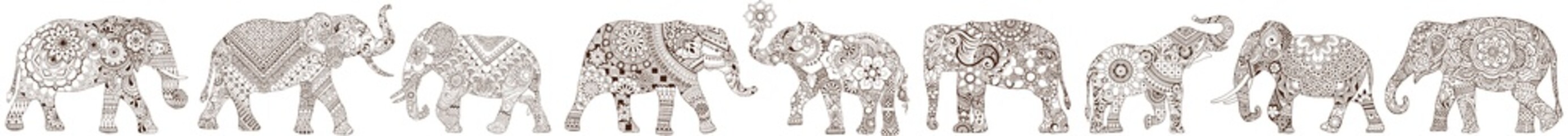 ПечатьA set of ornate elephants in mehndi style.