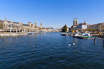 Obraz na płótnie Canvas Old town of Zurich with river Limmat. Photo taken April 1st, 2021, Zurich, Switzerland.