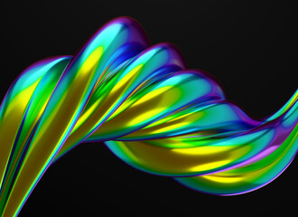 Abstract shiny metallic wave on black background. 3d render
