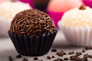 Chocolate brigadeiro with granulated chocolate, traditional Brazilian sweet.
