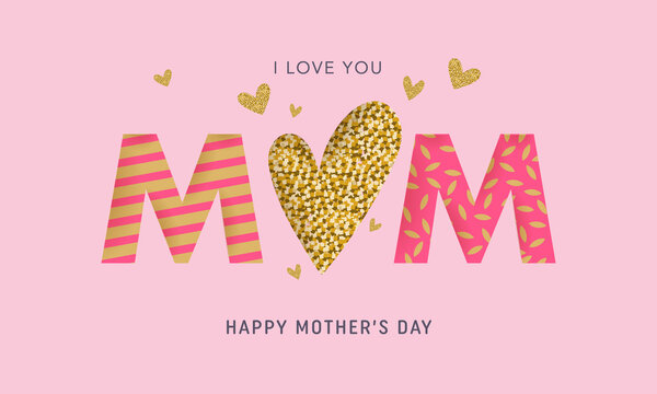 Happy Mothers Day card. Big heart made of gold foil on light pink background. Horizontal banner, flyer, greeting card, header for website