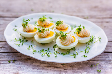 Boiled egg halves decorated with watercress. Easter egg snacks.