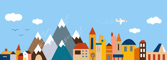 Cute town banner for travel and outdoor backgrounds. Vector graphic illustration - 424440326