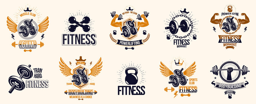 Fitness sport emblems logos or posters with barbells dumbbells kettlebells and muscle man silhouettes vector set, athletic workout active lifestyle theme, sport club or competition awards.