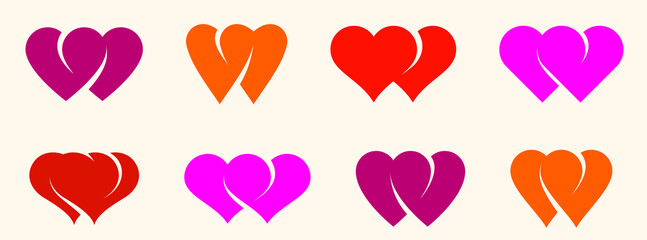 Double two hearts vector icons or logos set, wedding and couple concept romantic theme, care and togetherness, two linked hearts connected.