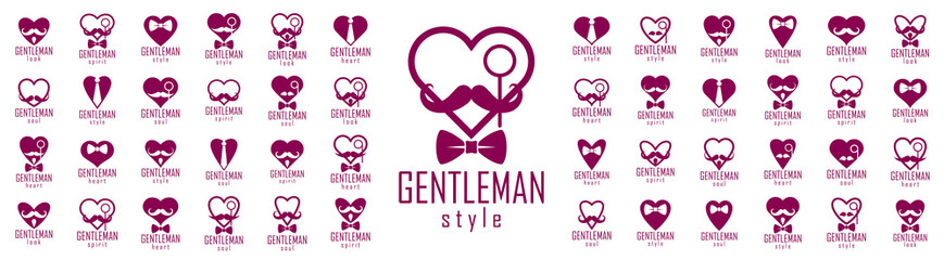 Gentleman hearts vector icons or logos set, heart shapes with ties mustaches and glasses symbols collection, man club, male style and fashion.