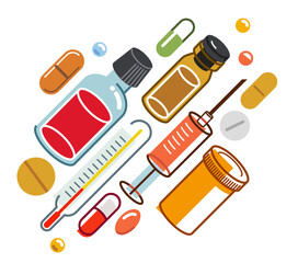 Pharmacy drugs apothecary bottles and pills and ampules, big composition set of medicaments vector flat illustration isolated, health care and healing medical theme design.