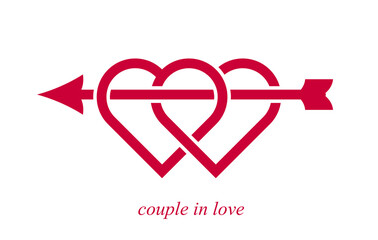 Double two hearts with cupid arrow from bow vector icon or logo, wedding and couple concept romantic theme, care and togetherness, two linked hearts connected.