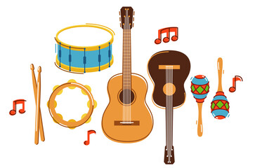 Acoustic music instruments composition vector flat illustration isolated on white, rock ballads concert or festival, live sound fest, rock musical bands.