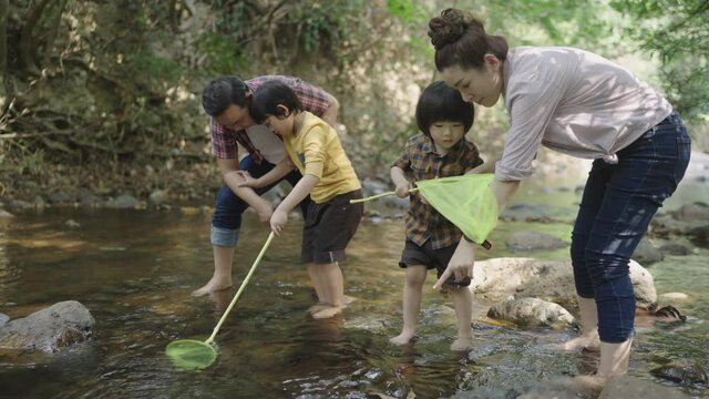 Asian family parents Teach your two sons to catch fish using the Fish Spoon. Learn how to catch fish. In the natural streams of water on vacation.
