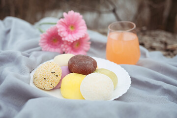 Japanese ice cream Mochi in rice dough. Traditional Japanese dessert 
