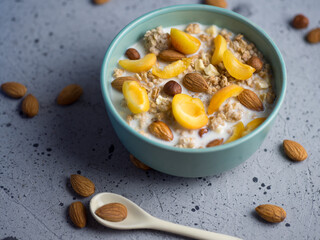 Delicious and healthy food for breakfast. Muesli with milk, pieces of apricot fruit, hazelnuts and almonds