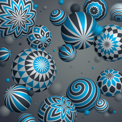 Realistic decorated spheres vector illustration, abstract background with beautiful balls with patterns and depth of field effect, 3D globes design concept art.