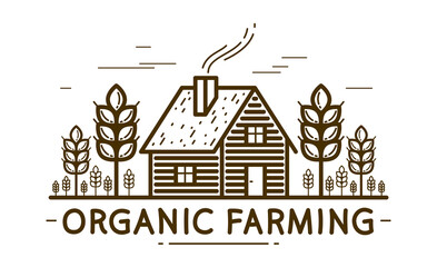 Fototapeta premium Farm house with spikes farming vector emblem or logo isolated on white background, woodhouse and wheat farm agriculture illustration, monochrome linear single-color version.