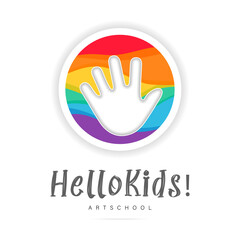 Abstract amusing bright circle kids palm arm art school logo,childhood paint sign,kids club icon,playground symbol.Design templates kid shop,toy store,kindergarten.Vector illustration hand drawn