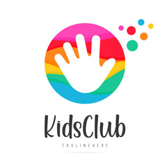 Abstract amusing bright circle with  palm arm kids club logo,childhood paint sign,kids zone icon,playground symbol.Design templates kid shop,toy store,kindergarten.Vector illustration hand drawn