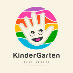 Abstract amusing bright circle kids palm arm kindergarten logo,childhood paint sign,kids club icon,playground symbol.Design templates kid shop,toy store,kindergarten.Vector illustration hand drawn