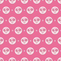 Vintage circle floral bouquet vector illustration seamless repeat pattern design on pink background.