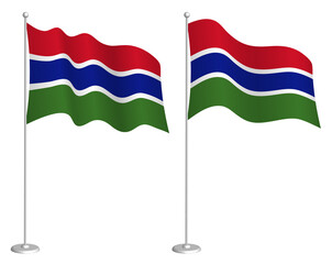flag of Gambia on flagpole waving in wind. Holiday design element. Checkpoint for map symbols. Isolated vector on white background