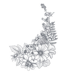 Vector floral bouquet, composition with black and white hand drawn herbs and wildflowers