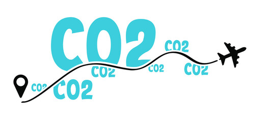 Carbon dioxide emissions. Airplane destination co2 air pollution.  Flat vector plane sign. CO2 smog warning.