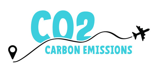 Carbon dioxide emissions. Airplane destination co2 air pollution.  Flat vector plane sign. CO2 smog warning.