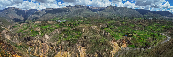 Fototapeta na wymiar Panoramic aerial view of agricultural terraced fields in Colca Canyon in Peru. Southamerican valley, landscape and mountains. Colca river