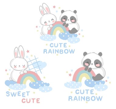 Cute Panda Bear and Rabbit vector illustration hand drawn bunny and panda with rainbow design print for t-shirt