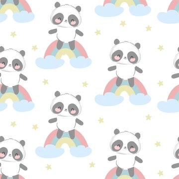 Hand Drawn cute Panda bear with rainbow seamless Pattern, print design background, children print textile design vector illustration