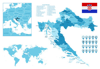 Croatia detailed administrative blue map with country flag and location on the world map. Vector illustration