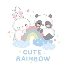 Obraz na płótnie Canvas Cute Panda Bear and Bunny vector illustration hand drawn panda and rabbit with rainbow design print for t-shirt