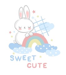 Cute Bunny vector illustration hand drawn rabbit with rainbow design print for t-shirt