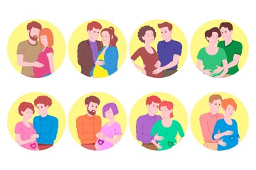 Pregnancy, motherhood concept set. Pregnant and happy beautiful young woman holds her belly, hugged by a young man. Flat cartoon vector illustration of a married couple awaiting the birth of a child.