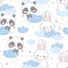 Hand Drawn cute Panda bear and Bunny seamless Pattern, print design background, children print textile design vector illustration Little Rabbit and Teddy