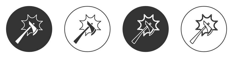 Black Firefighter axe icon isolated on white background. Fire axe. Circle button. Vector