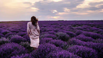 Back view of a young woman in pink dress walking in the lavender field.