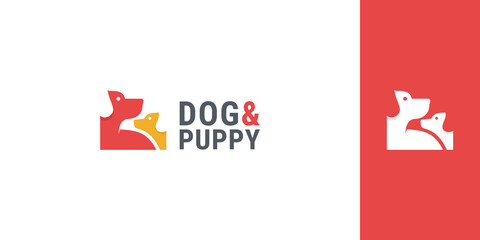 negative space dog and puppy logo template with 2 dogs facing each other -  pet lovers design vector