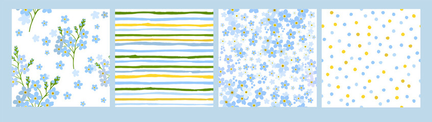 Fototapeta na wymiar Set of floral backgrounds with small flowers. Blue forget-me-nots. Vector illustration