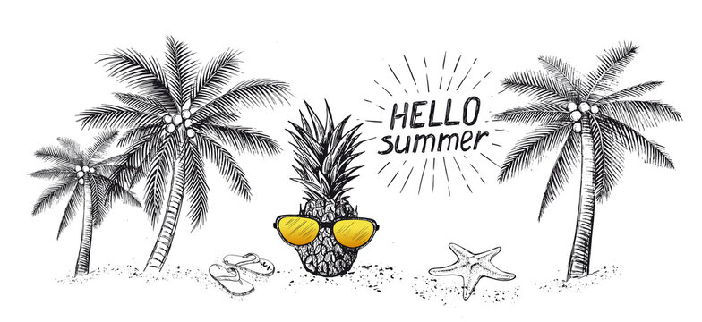 Hello PARTY, Palm Tree, Glasses, Pineapple. Hand Drawn Illustration.	