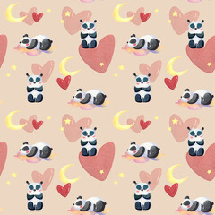 Cute pattern with pandas on the cloud with moon, stars and red heart will be ideal for lovers and children