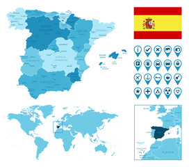 Spain detailed administrative blue map with country flag and location on the world map. Vector illustration
