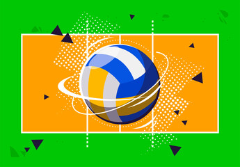 Vector illustration of a volleyball ball on the background of a volleyball court, top view
