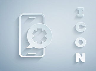 Paper cut Emergency mobile phone call to hospital icon isolated on grey background. Paper art style. Vector