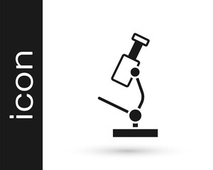 Black Microscope icon isolated on white background. Chemistry, pharmaceutical instrument, microbiology magnifying tool. Vector